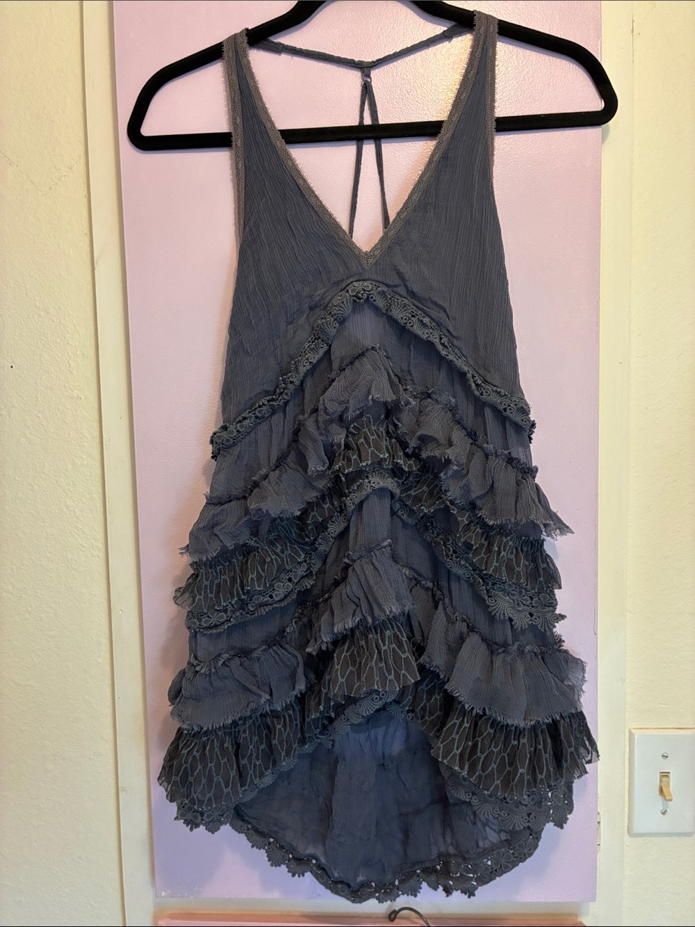 Free People Charcoal Gray Lace Ruffle Tiered Boho Tunic Top